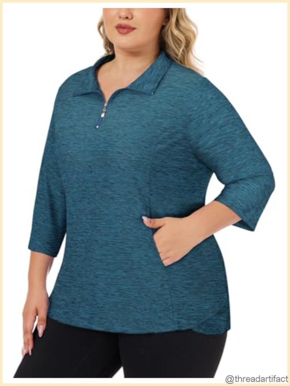 Plus Size Womens Golf Polo Shirt 3/4 Sleeve Zip Up Workout Top with Pockets